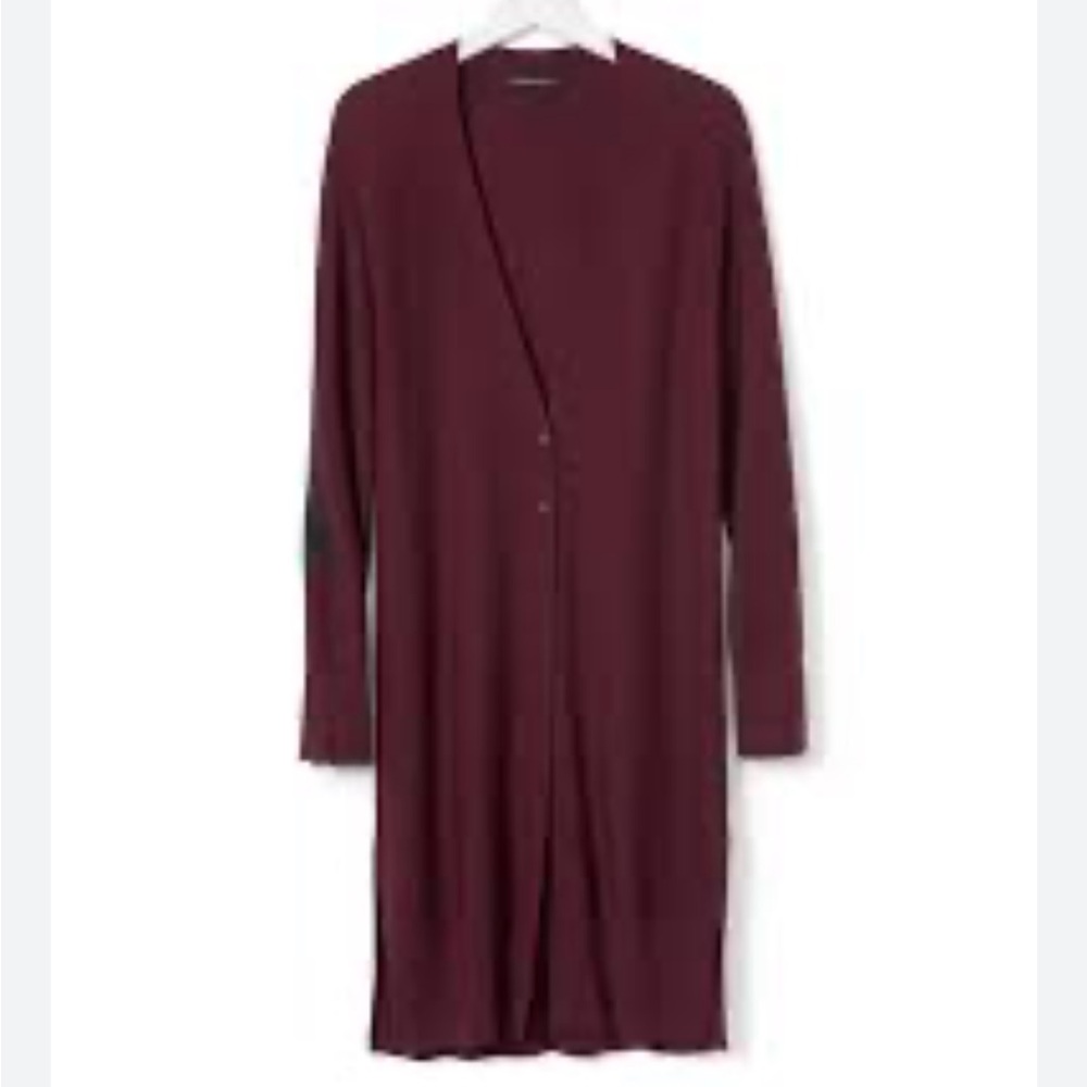 Banana Republic Long Ribbed Button Cardigan Sweater Black Elbow Patch, Wine M